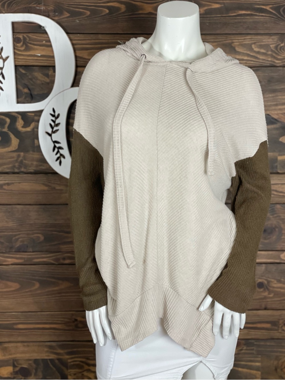 Earthbound | Neutral Two-Tone Hooded Sweater Ribbed Knit Pullover Asymmetrical